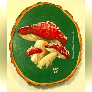 Handpainted mushrooms by Whitney Marks home decor on wood slab 8.5 x 6.5